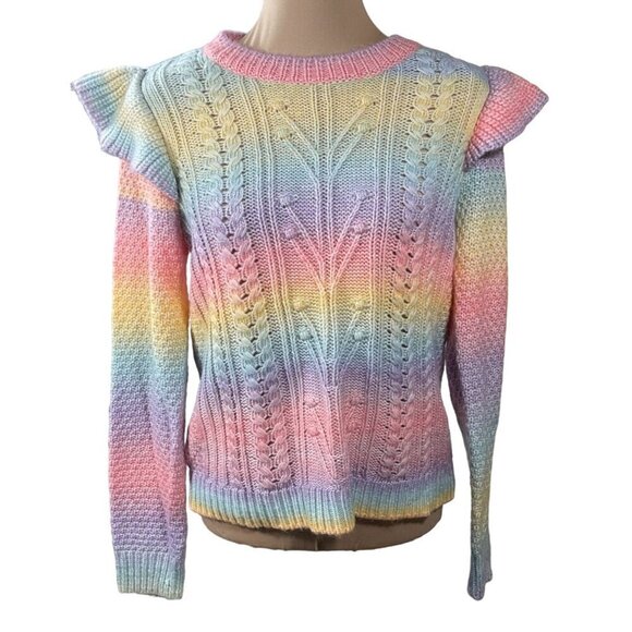 Loft Pastel Rainbow Sweater Ruffle Shoulder Pink Purple Cotton Blend M Medium - Picture 1 of 6